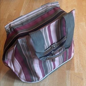 Elegant Striped Polyester Tote Bag in Burgundy and Green